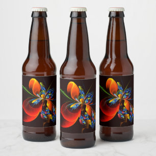 Blue Orange Floral Modern Abstract Art Pattern #03 Beer Bottle Label
