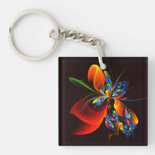 Blue Orange Floral Modern Abstract Art Pattern #03 Key Ring