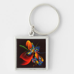 Blue Orange Floral Modern Abstract Art Pattern #03 Key Ring