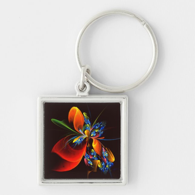 Blue Orange Floral Modern Abstract Art Pattern #03 Key Ring (Front)