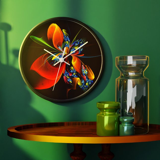 Blue Orange Floral Modern Abstract Art Pattern #03 Large Clock (Blue Orange Floral Modern Abstract Art Pattern #03 Clock)