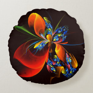 Blue Orange Floral Modern Abstract Art Pattern #03 Round Cushion