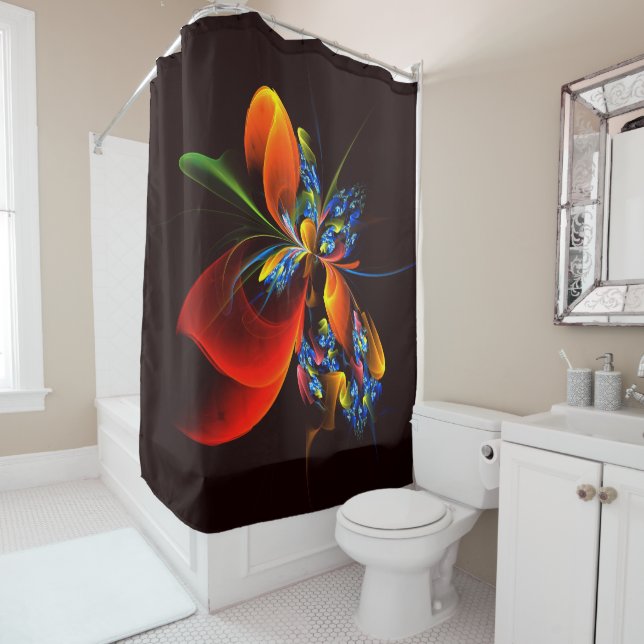 Blue Orange Floral Modern Abstract Art Pattern #03 Shower Curtain (In Situ)