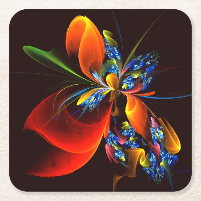 Blue Orange Floral Modern Abstract Art Pattern #03 Square Paper Coaster (Front)
