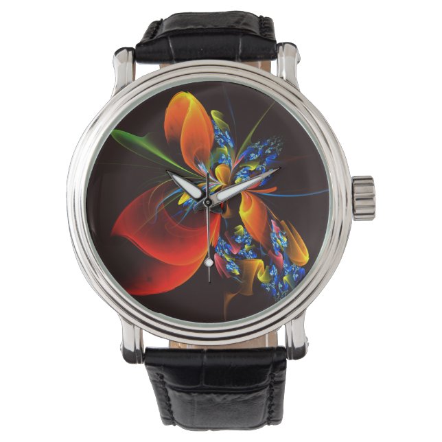 Blue Orange Floral Modern Abstract Art Pattern #03 Watch (Front)