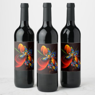Blue Orange Floral Modern Abstract Art Pattern #03 Wine Label