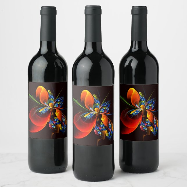 Blue Orange Floral Modern Abstract Art Pattern #03 Wine Label (Bottles)