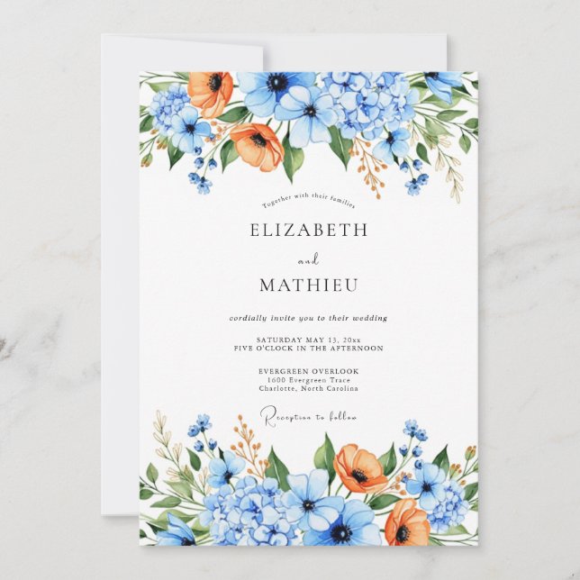 Blue Orange Floral Nature Wedding Invitation (Front)