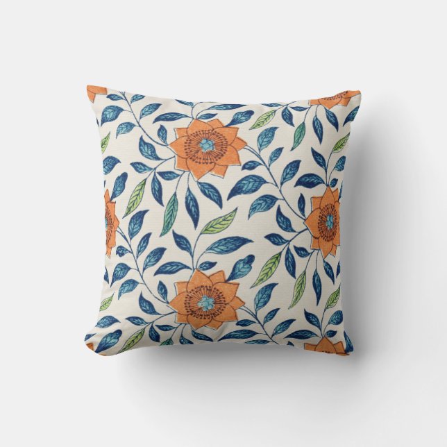 Blue & Orange Floral Pattern Cushion (Front)