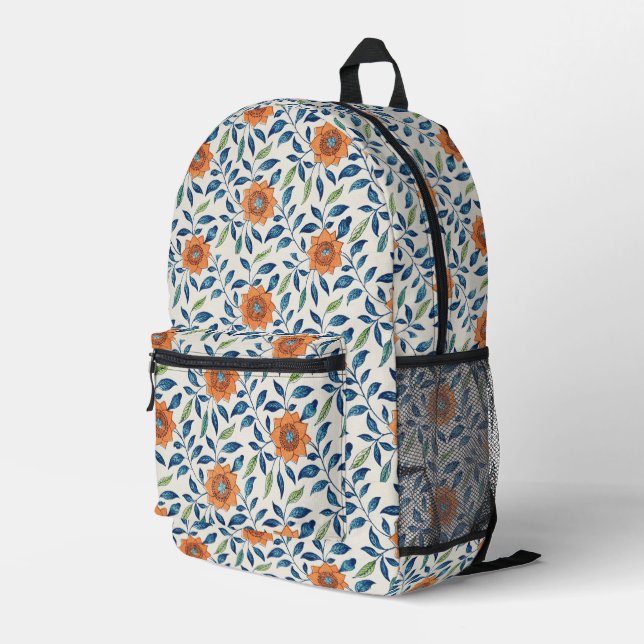 Blue & Orange Floral Pattern Printed Backpack (Back Corner Right)