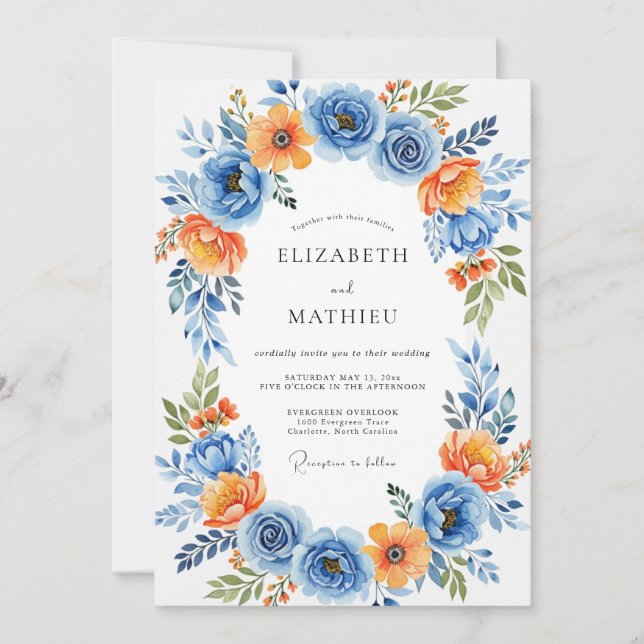 Blue Orange Floral Romance Wedding Invitation (Front)