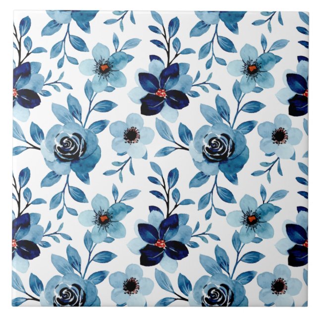 Blue orange floral rose pattern garden flowers tile (Front)