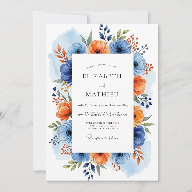 Blue Orange Floral Spring Wedding Invitation (Front)