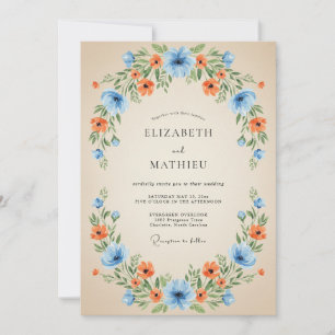 Blue Orange Floral Wreath Wedding Invitation
