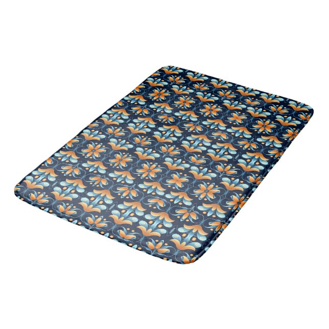 Blue orange flowers Art Deco Bath Mat (Angled)
