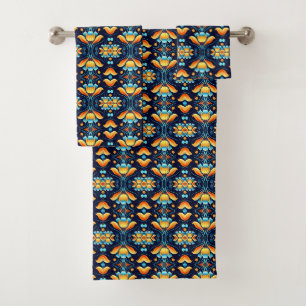 blue orange flowers Art Deco Bath Towel Set