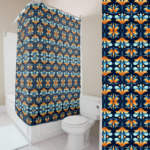 blue orange flowers Art Deco Shower Curtain