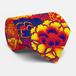 BLUE ORANGE FLOWERS Peony,Roses Japanese Floral Tie
