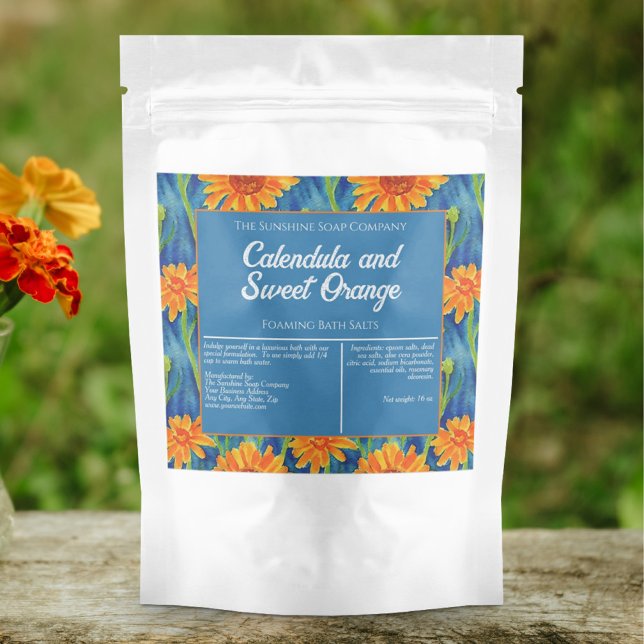 Blue Orange Flowers Waterproof Bath Salts Label (Creator Uploaded)