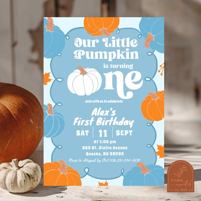 Blue Orange Fun Pumpkin First Birthday Invitation (Creator Uploaded)