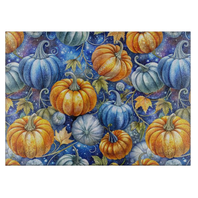 BLUE & ORANGE GLITTER LOOK FALL PUMPKINS CUTTING BOARD (Front)