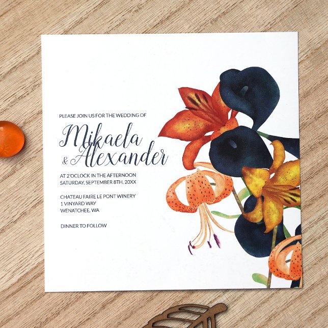 Blue, Orange, Gold Lilies, Fall Wedding Invitation (Unique Fall Floral Wedding Invitations, Orange Tiger Lilies and Navy Blue Calla Lilies)