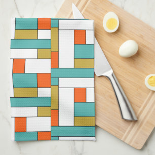 Blue Orange Gold Retro Colour Block Pattern Tea Towel