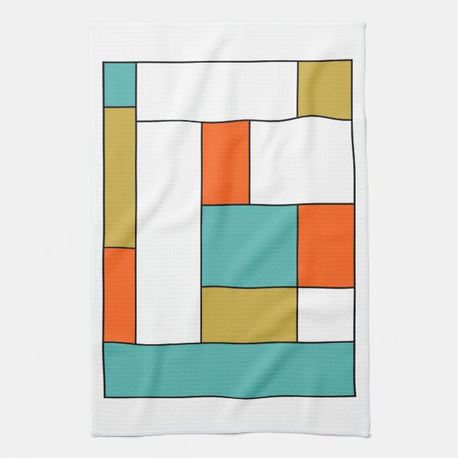 Blue Orange Gold Retro Colour Blocks Tea Towel (Vertical)