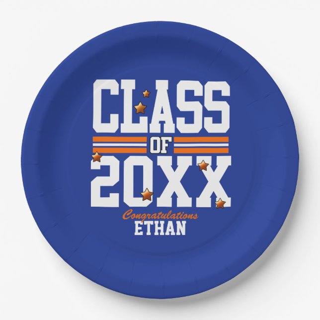 Blue|Orange Graduating Class Year Paper Plate (Front)
