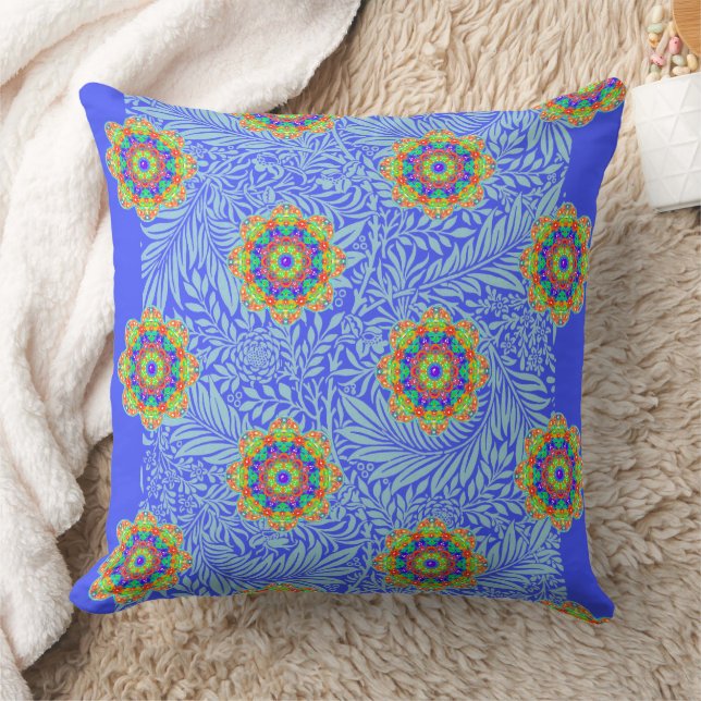 Blue Orange Green Flower Mandala Reversible Boho Cushion (Blanket)