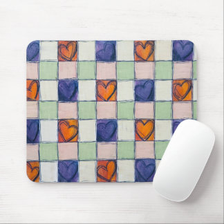 Blue orange green heart gingham Mouse pad