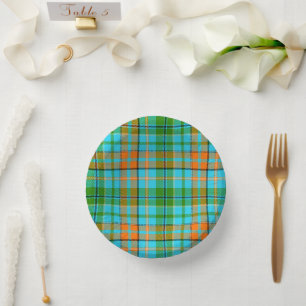 Blue Orange Green Plaid Tartan Design  Paper Plate