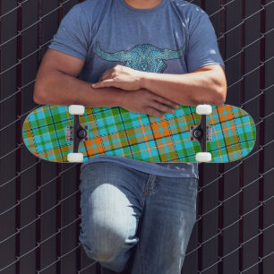 Blue Orange Green Plaid Tartan Design  Skateboard