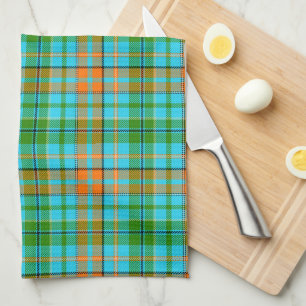 Blue Orange Green Plaid Tartan Design Tea Towel