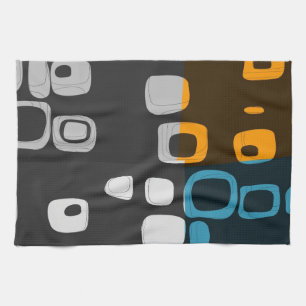 Blue, Orange, Grey Retro Abstract Art Tea Towel