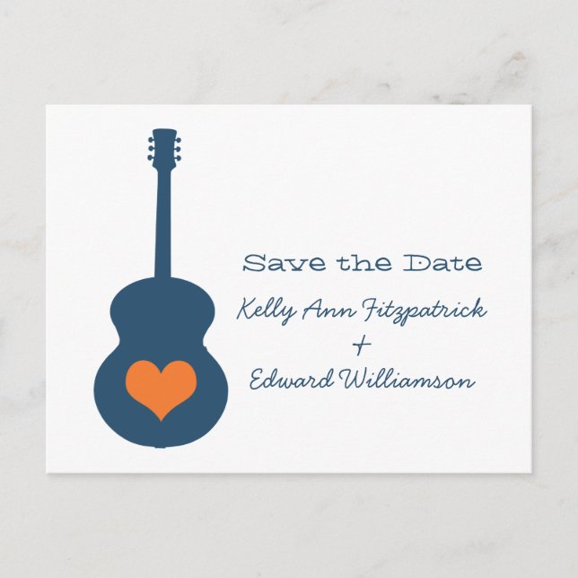 Blue/Orange Guitar Heart Save the Date Postcard (Front)