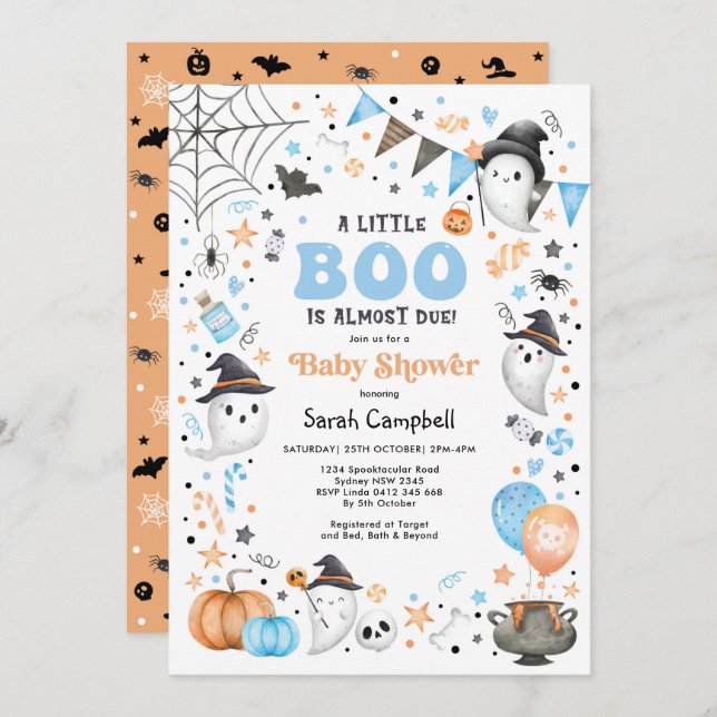 Blue Orange Halloween Ghost Boy Baby Shower Invitation (Front/Back)