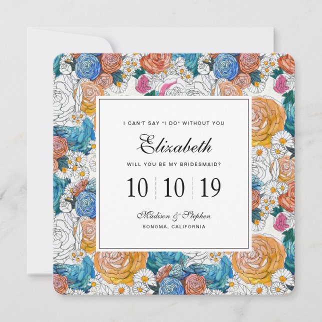 Blue & Orange Hand Painted Flowers - Bridesmaid Invitation (Front)