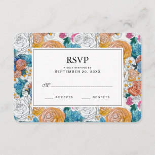 Blue & Orange Hand Painted Flowers - Wedding RSVP Card