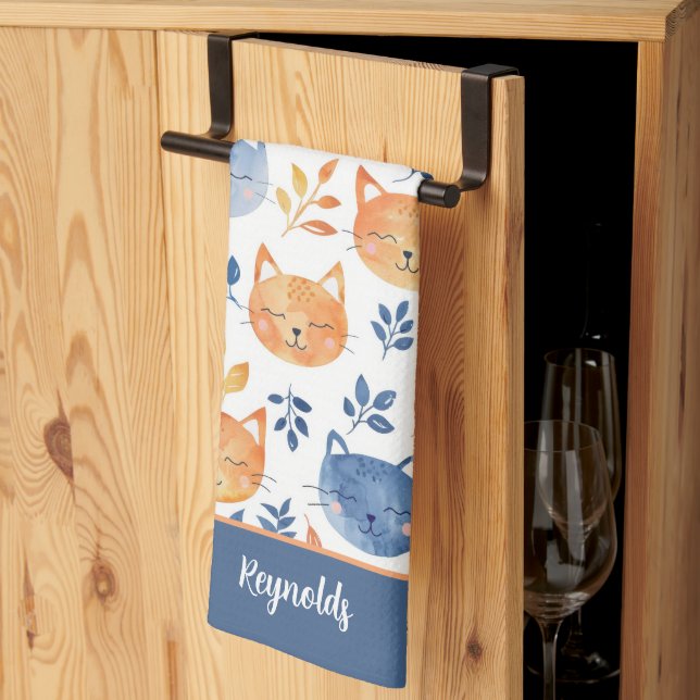 Blue Orange Happy Cat Faces Tea Towel (Thirds Fold)