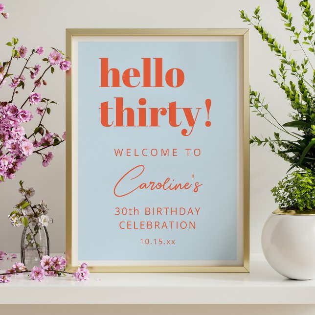 Blue Orange Hello Thirty 30th Birthday Welcome Poster (Creator Uploaded)