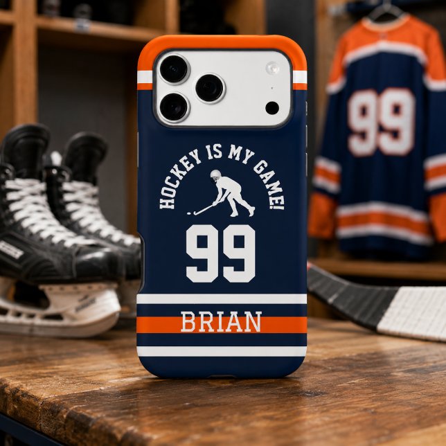 Blue Orange Hockey Number Design (Blue and orange hockey phone case with custom jersey number and player name)