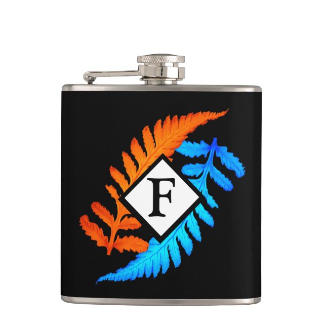 Blue Orange Japanese Painted Ferns Monogram Hip Flask (Front)