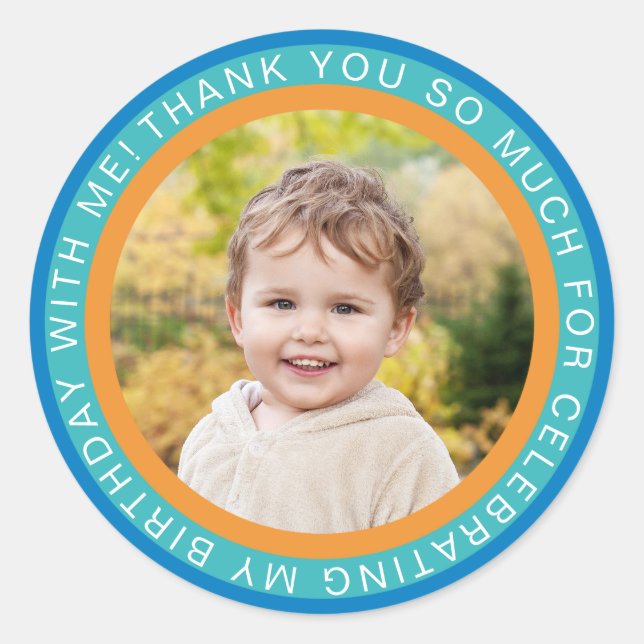 Blue Orange Kids Photo Birthday Thank You Classic Round Sticker (Front)