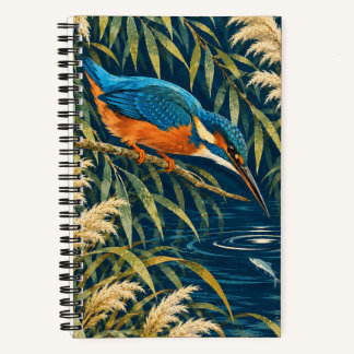 Blue Orange Kingfisher on Navy Reeds Softcover Notebook