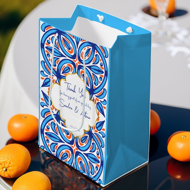 Blue orange Majolica tiles personalised favour Medium Gift Bag (Blue orange Majolica tiles personalized favor Medium Gift Bag mediterranean themed favor bag)