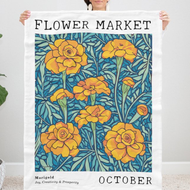 Blue & Orange Marigold October Birth Flower Market Fleece Blanket (Personalized October Birth Flower Market Print Fleece Blanket, Customizable Marigold Floral Blanket)