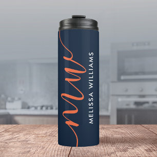 Blue & Orange Minimalist Monogram Name & Initials Thermal Tumbler