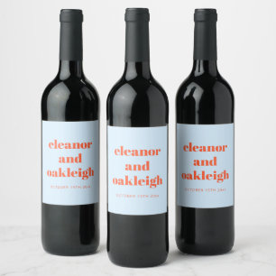Blue Orange Modern Bold Wedding Favour Custom  Wine Label