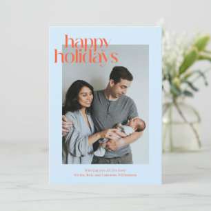 Blue Orange Modern Stripe Photo Happy Christmas Holiday Card